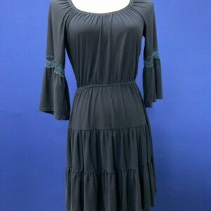 Navy Blue Tiered Dress with Lace Bell Sleeves Size S